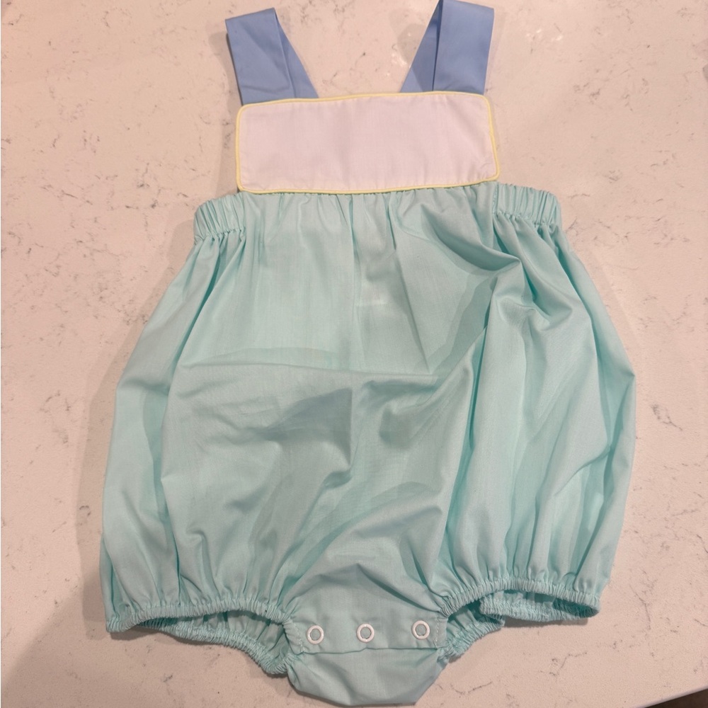 The Beaufort Bonnet Company Blue and Mint Romper